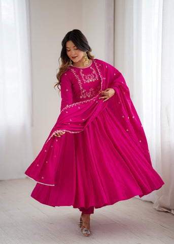 Dark Pink Pure Roman Chanderi Silk Anarkali Set with Dupatta For Women