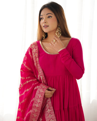 Pink Roman Silk Chanderi Fabric Fully Flared Anarkali Suit With Pent and Dupatta Set