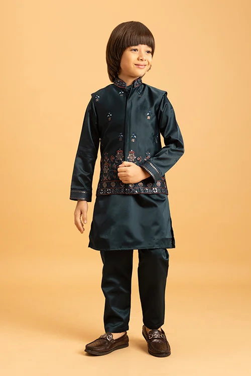 Dark Green Mirror Work Embroidered Koti Kurta for Kids Wear
