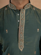 Dark Green Roman Shimmer Golden Sequence Embroidery Work Kurta Set