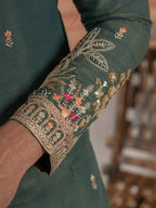 Dark Green Roman Shimmer Golden Sequence Embroidery Work Kurta Set
