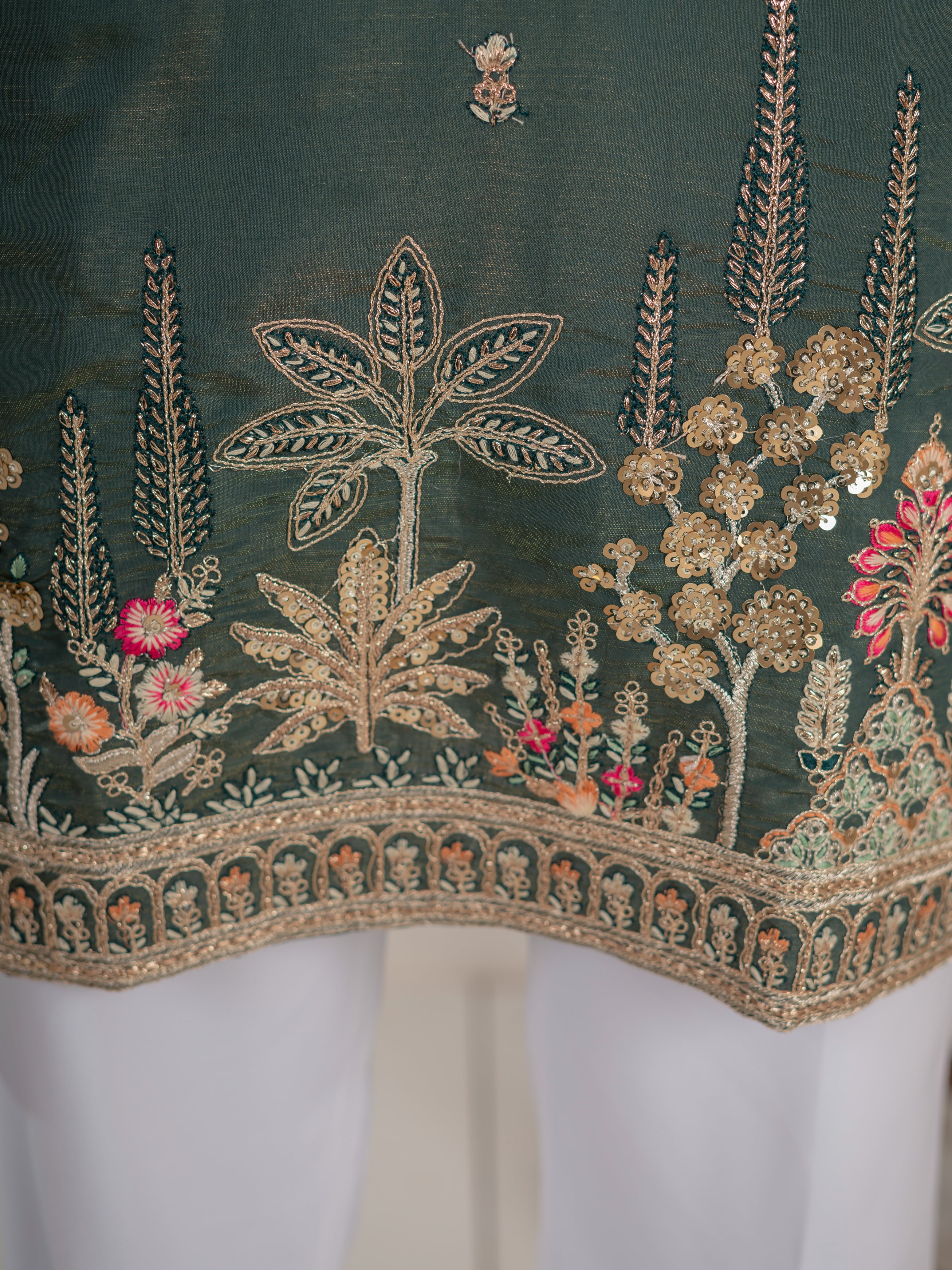 Dark Green Roman Shimmer Golden Sequence Embroidery Work Kurta Set