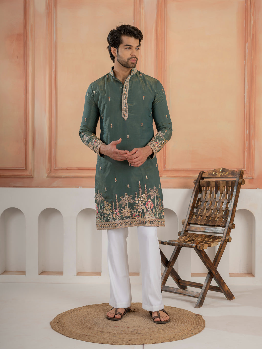 Dark Green Roman Shimmer Golden Sequence Embroidery Work Kurta Set