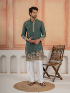 Dark Green Roman Shimmer Golden Sequence Embroidery Work Kurta Set
