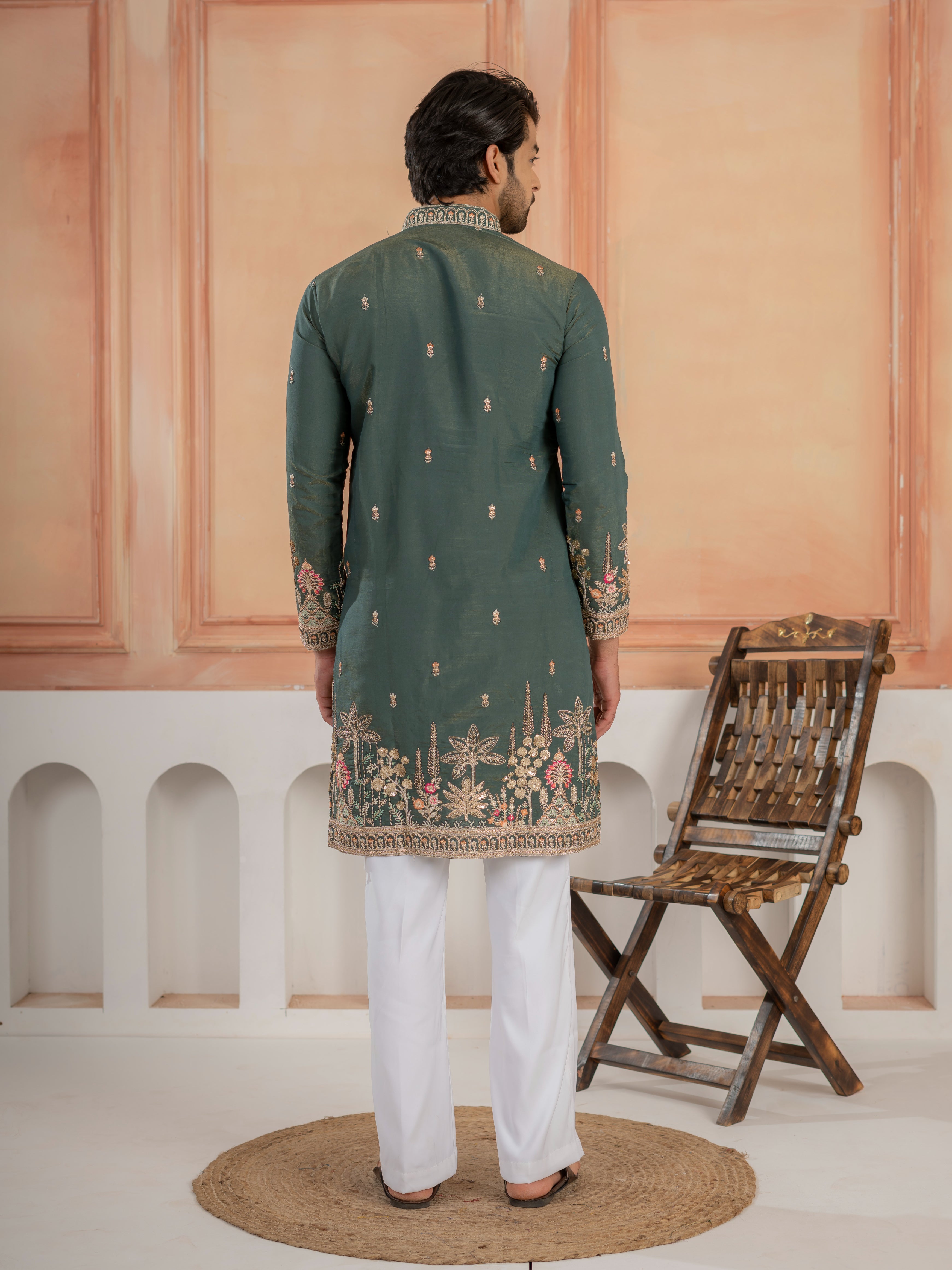 Dark Green Roman Shimmer Golden Sequence Embroidery Work Kurta Set