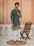 Dark Green Roman Shimmer Golden Sequence Embroidery Work Kurta Set
