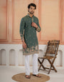 Dark Green Roman Shimmer Golden Sequence Embroidery Work Kurta Set