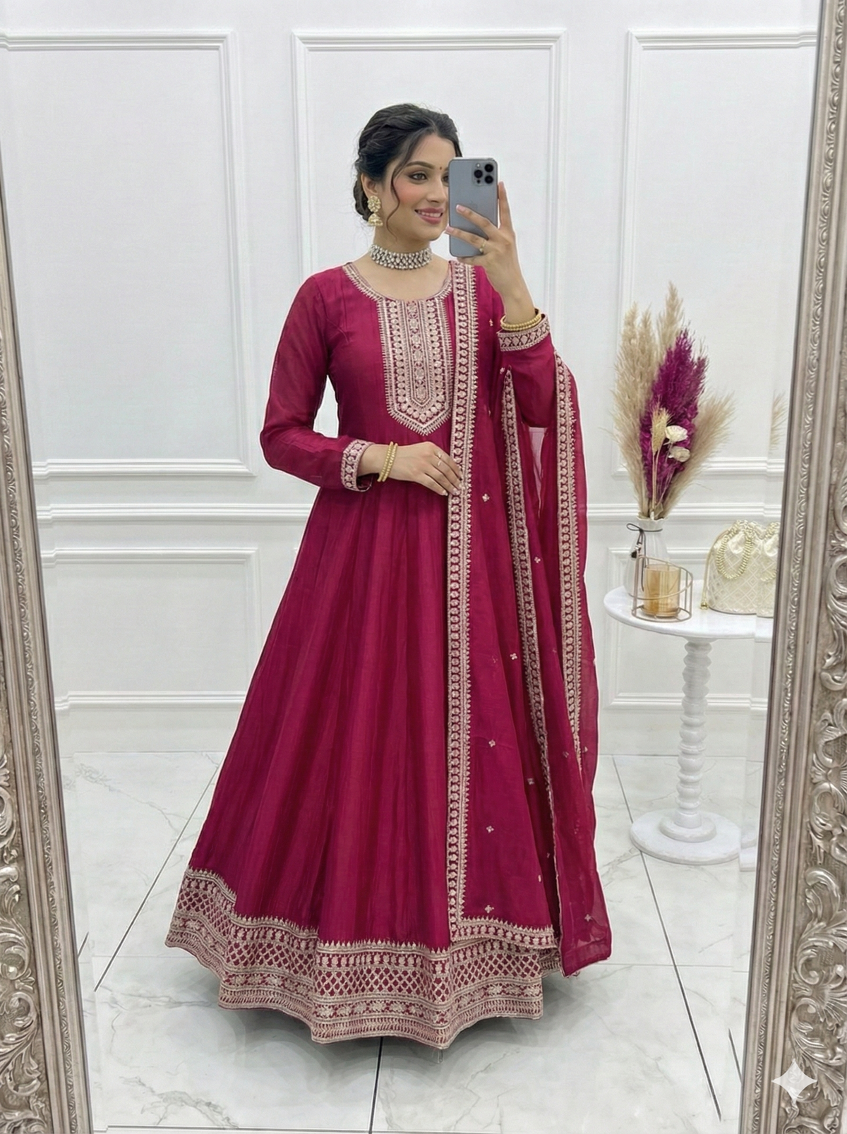 Dark Pink Pure Vichitra Silk Flared Anarkali Gown Set With Dupatta
