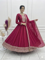 Dark Pink Pure Vichitra Silk Flared Anarkali Gown Set With Dupatta