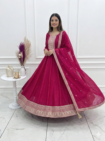 Dark Pink Pure Vichitra Silk Flared Anarkali Gown Set With Dupatta