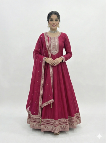 Dark Pink Pure Vichitra Silk Flared Anarkali Gown Set With Dupatta