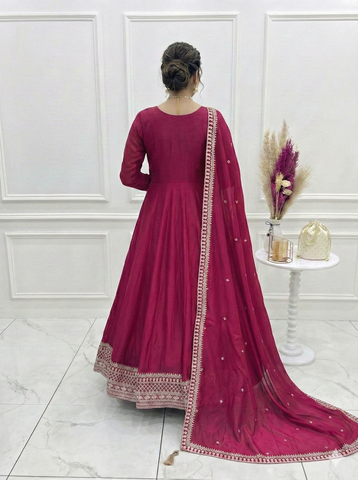 Dark Pink Pure Vichitra Silk Flared Anarkali Gown Set With Dupatta