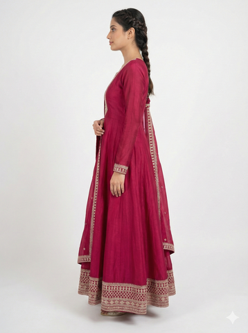 Dark Pink Pure Vichitra Silk Flared Anarkali Gown Set With Dupatta