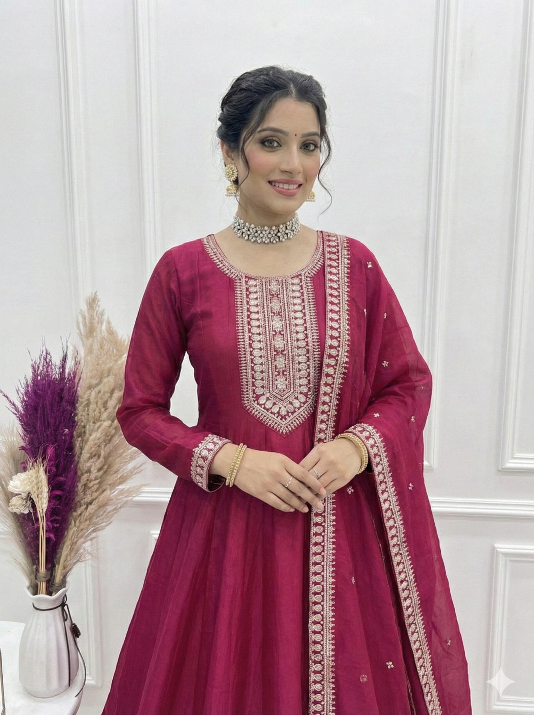Dark Pink Pure Vichitra Silk Flared Anarkali Gown Set With Dupatta