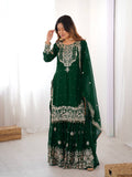 Stylish Dark Green Faux Georgette Sequin Work Top Sharara Set with Dupatta