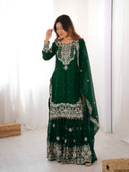 Stylish Dark Green Faux Georgette Sequin Work Top Sharara Set with Dupatta