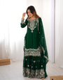 Stylish Dark Green Faux Georgette Sequin Work Top Sharara Set with Dupatta