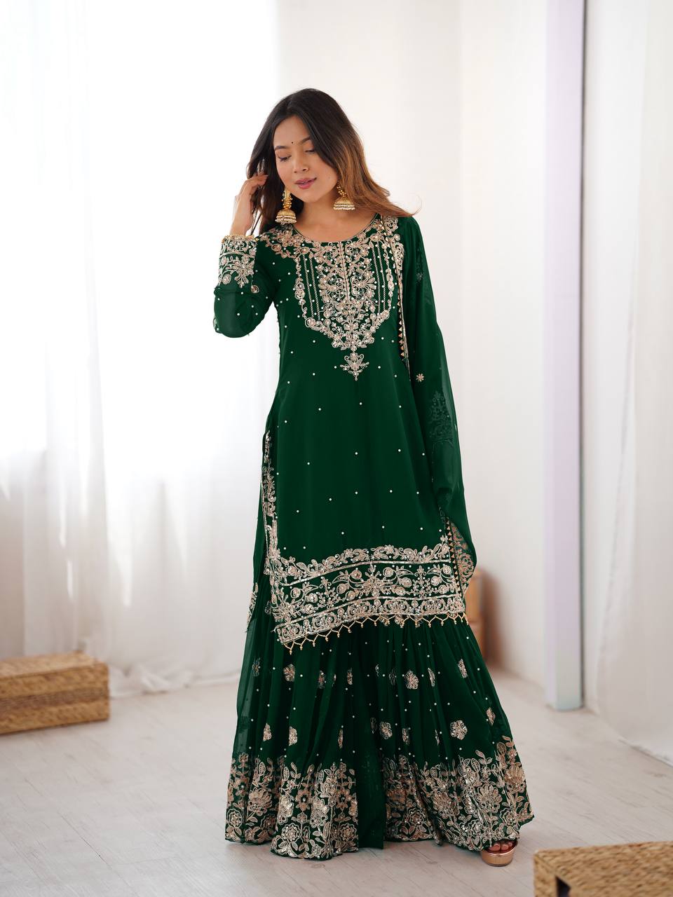 Stylish Dark Green Faux Georgette Sequin Work Top Sharara Set with Dupatta