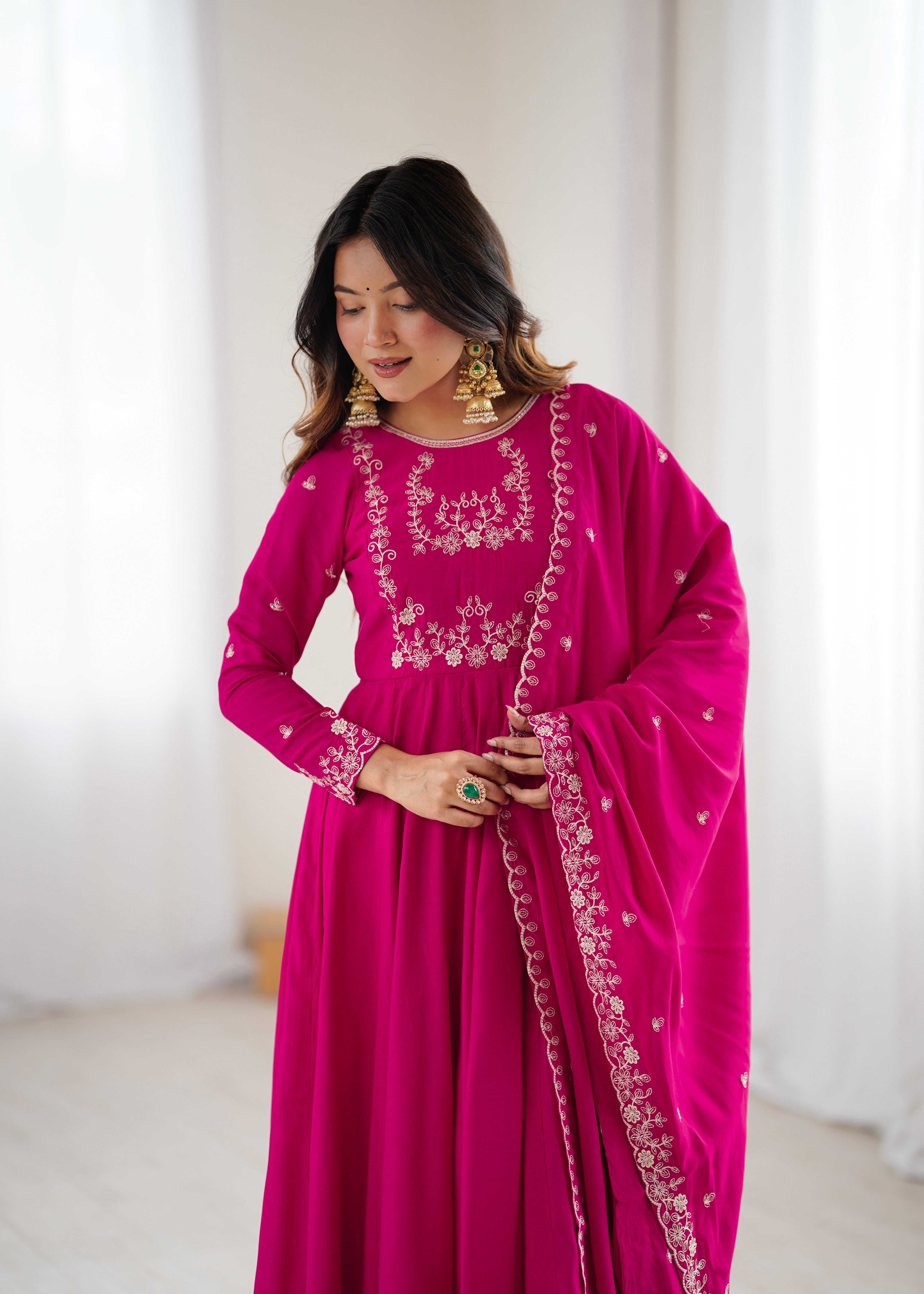 Dark Pink Pure Roman Chanderi Silk Anarkali Set with Dupatta For Women
