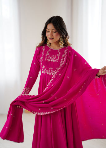 Dark Pink Pure Roman Chanderi Silk Anarkali Set with Dupatta For Women