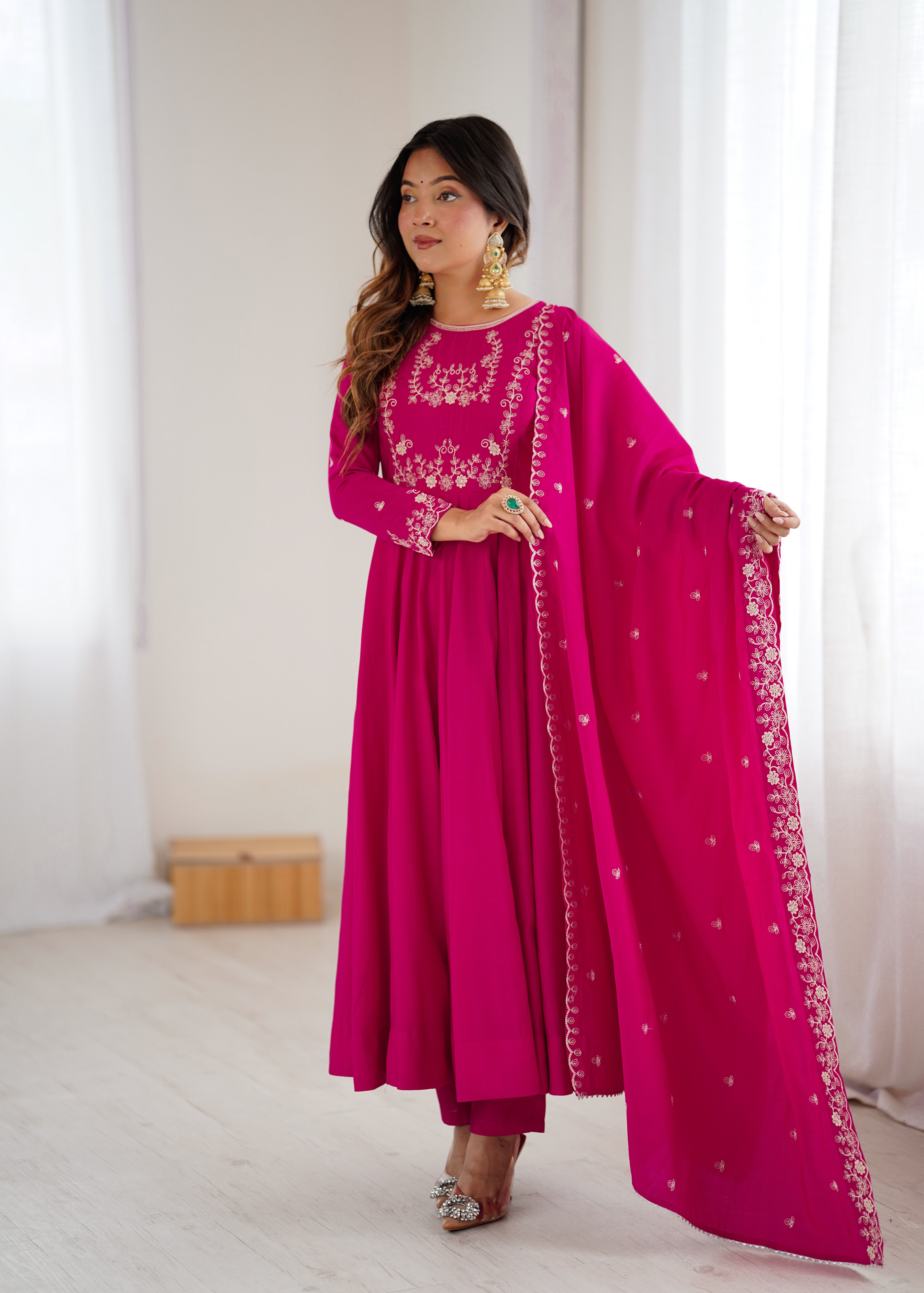 Dark Pink Pure Roman Chanderi Silk Anarkali Set with Dupatta For Women