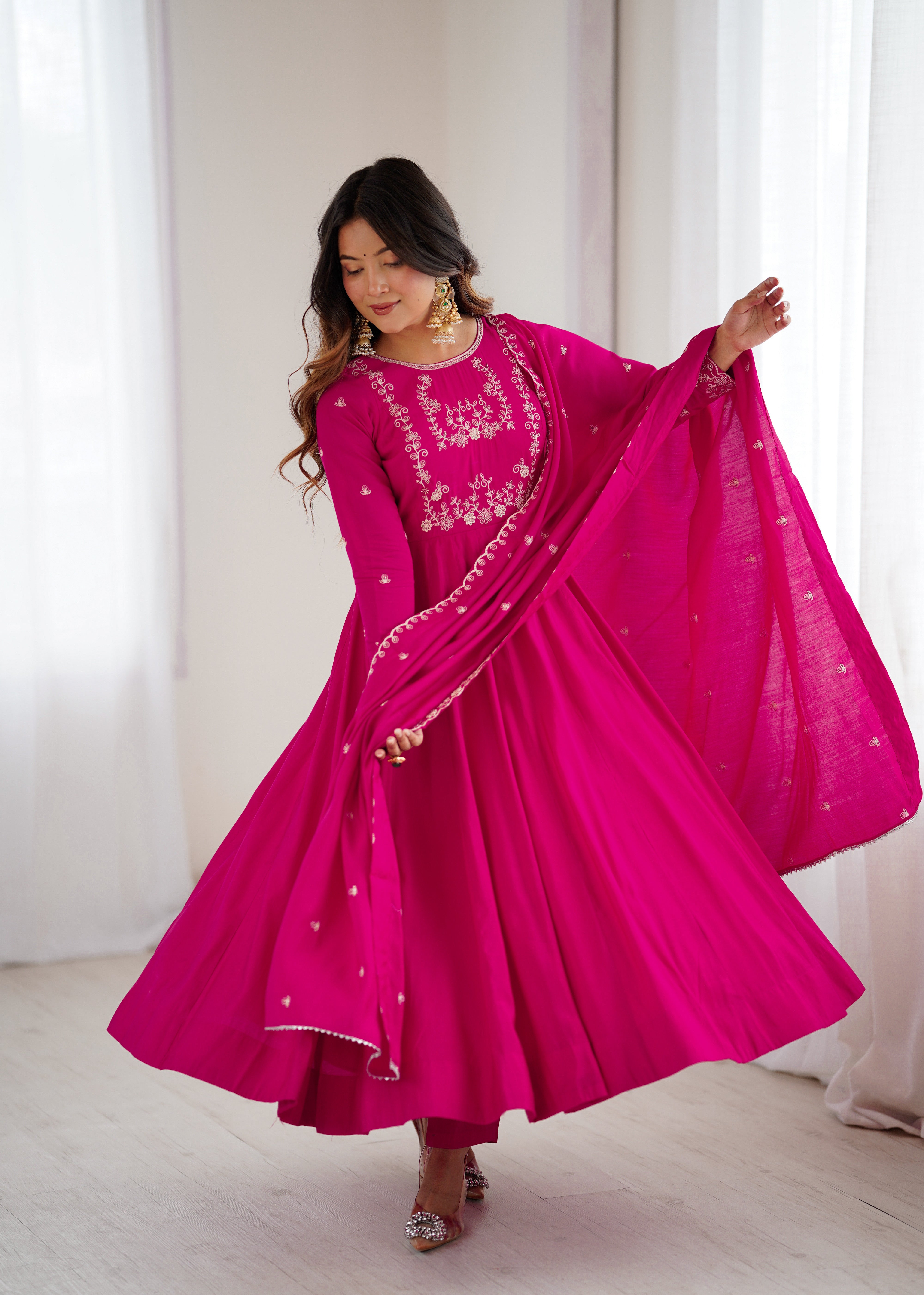 Dark Pink Pure Roman Chanderi Silk Anarkali Set with Dupatta For Women
