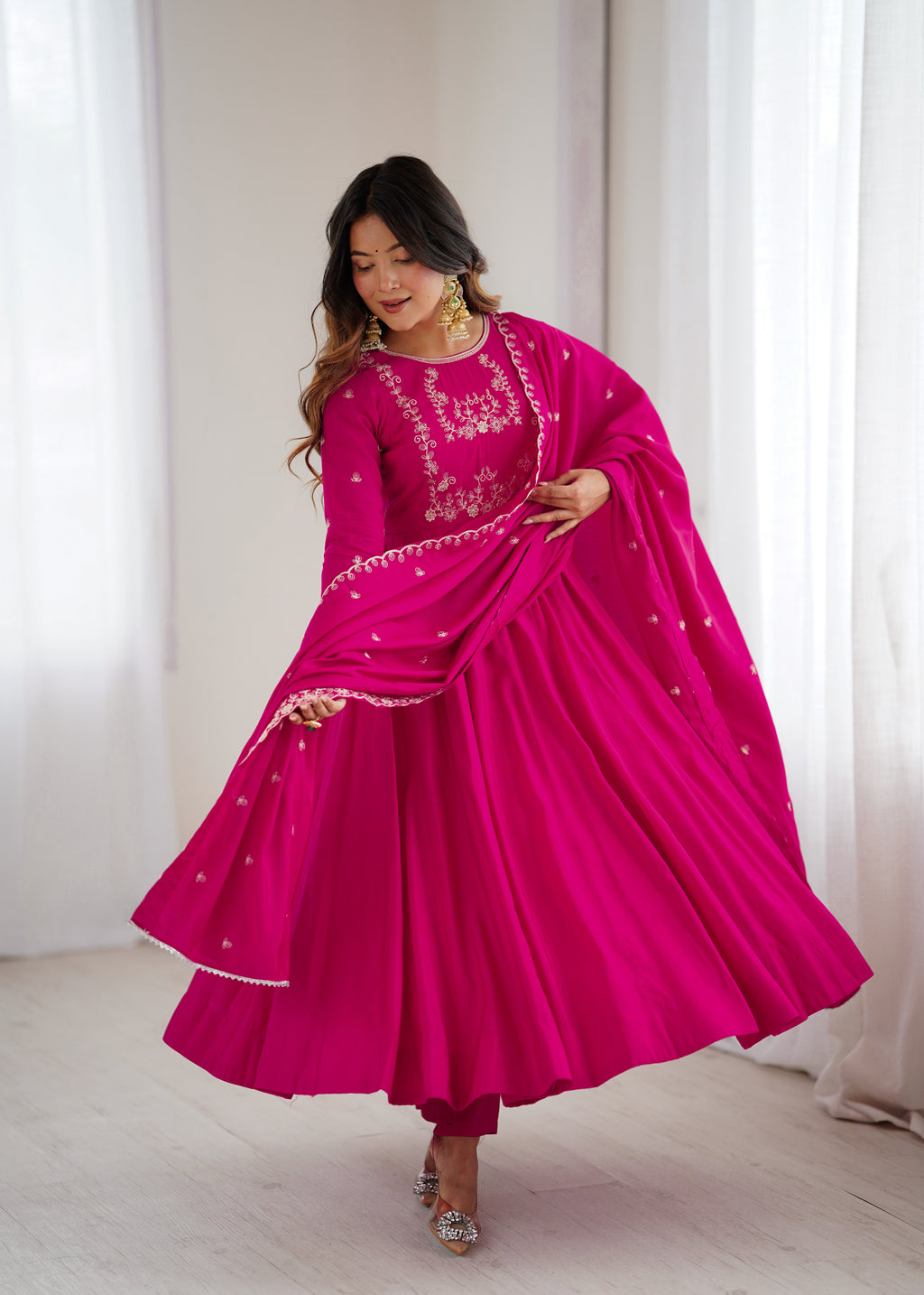 Dark Pink Pure Roman Chanderi Silk Anarkali Set with Dupatta For Women