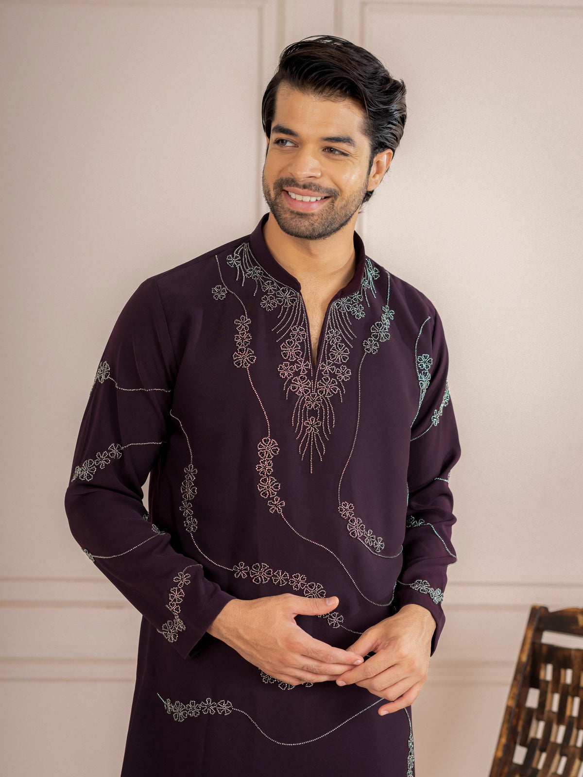 Dark Purple Armani Beads Mens Kurta Set | Tulip Designer

