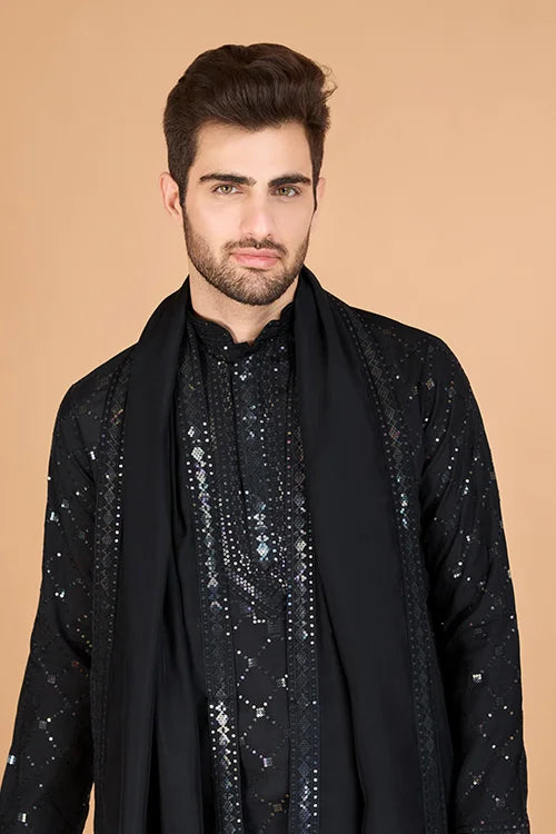 Black Color Kurta with Dupatta for Mens Wear