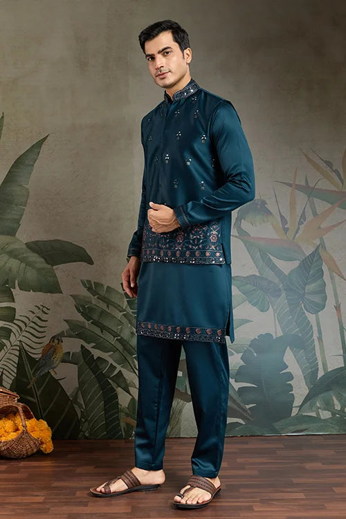 Teal Blue Embroidered Kurta Koti Set for Men