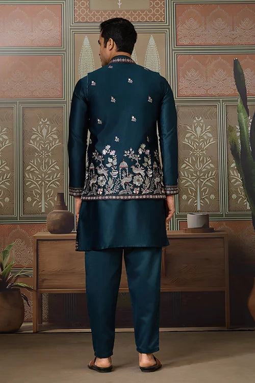 Traditional Teal Blue Koti Kurta Set for Mens Wear