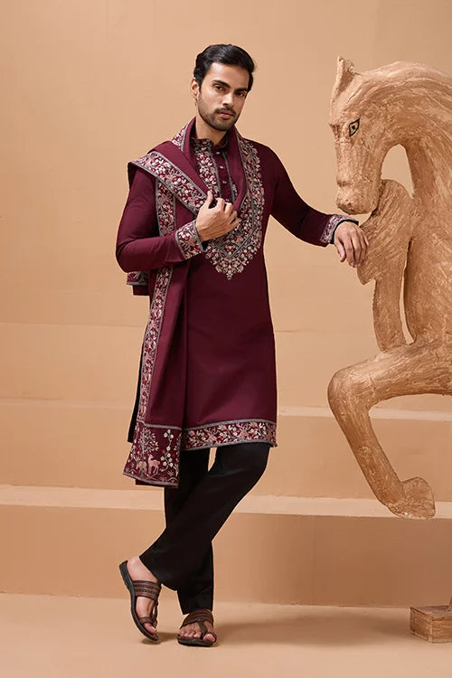Latest Signature Maroon Kurta and Dupatta for Mens Wear
