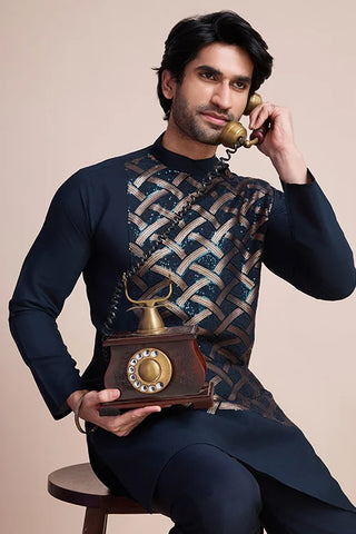 Designer Navy Men's Silk Kurta for Special Events