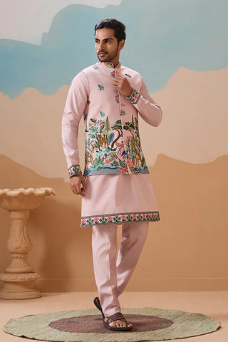 Classy Light Pink Mens Koti Kurta for Wedding Celebrations