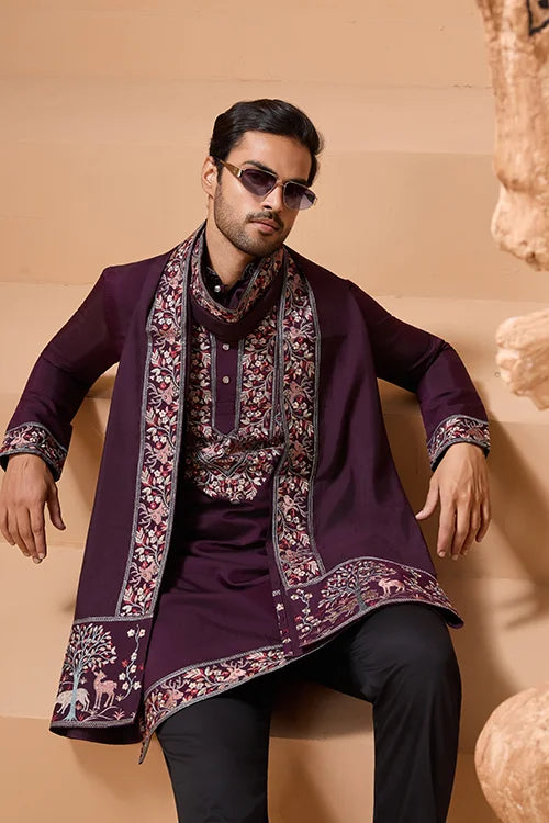 Ethnic Look Purple Kurta with Dupatta Mens Wear Special