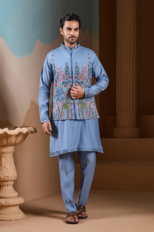 Vibrant Sky Blue Koti Kurta Pajama for Mens Outfits