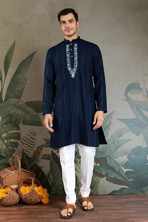 Elegant Navy Blue Mens Wear Kurta Set with Dupatta