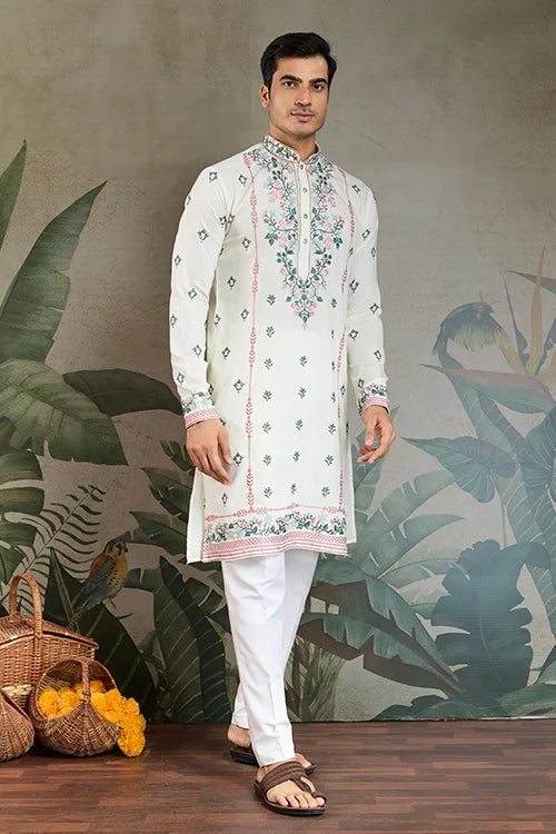Wedding Special White Embroidered Silk Kurta