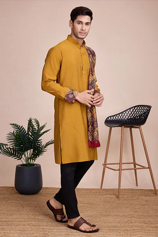 Designer Yellow Sequins Work Kurta With Attach Dupatta For Men's Wear