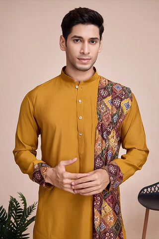 Designer Yellow Sequins Work Kurta With Attach Dupatta For Men's Wear