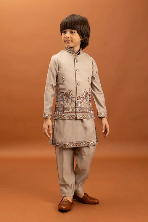 Designer Beige Koti Kurta Set for Kids 6-12 Year