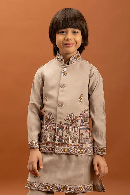 Designer Beige Koti Kurta Set for Kids 6-12 Year