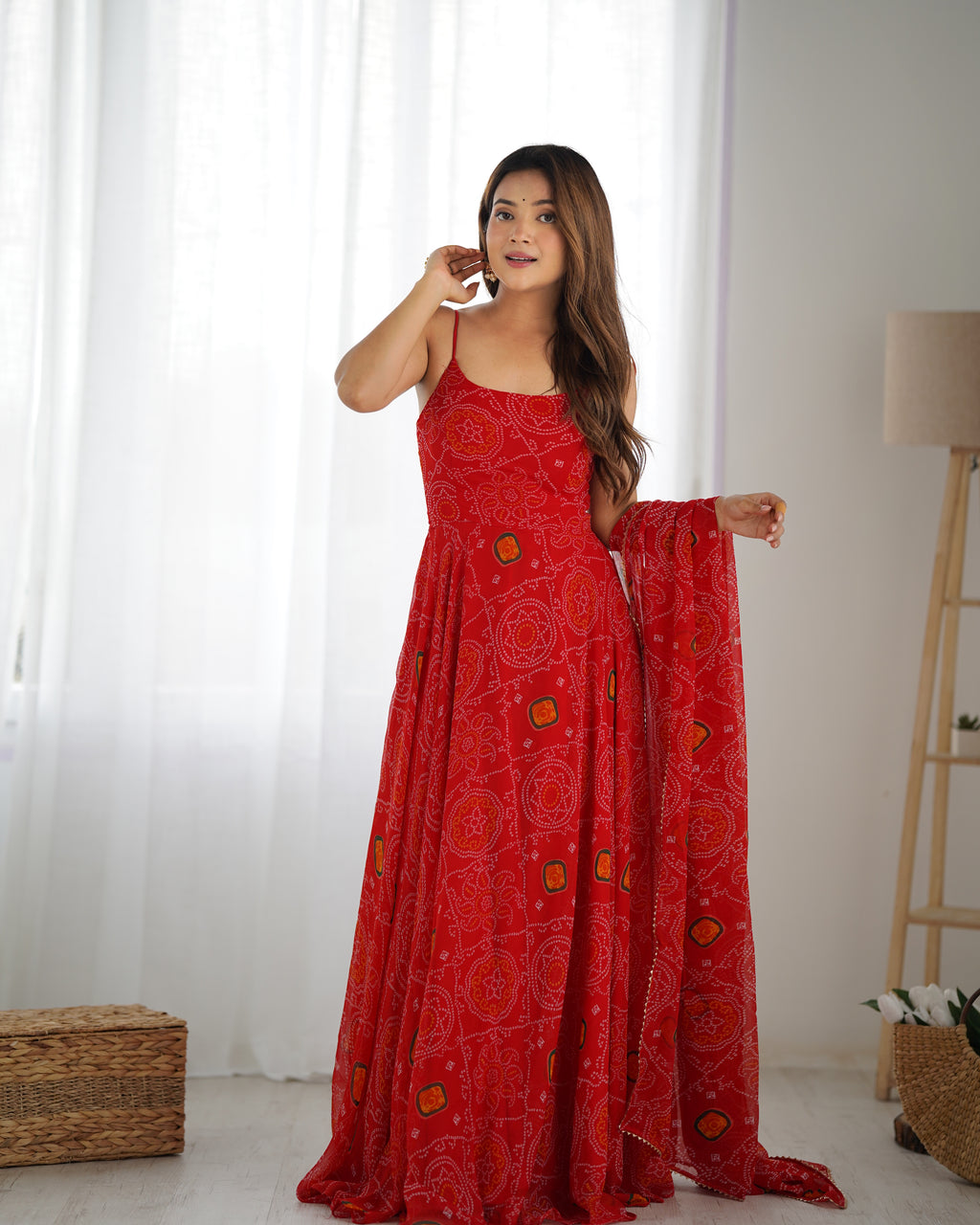 Designer Soft Chiffon Bandhej Fully Flared Gown Set