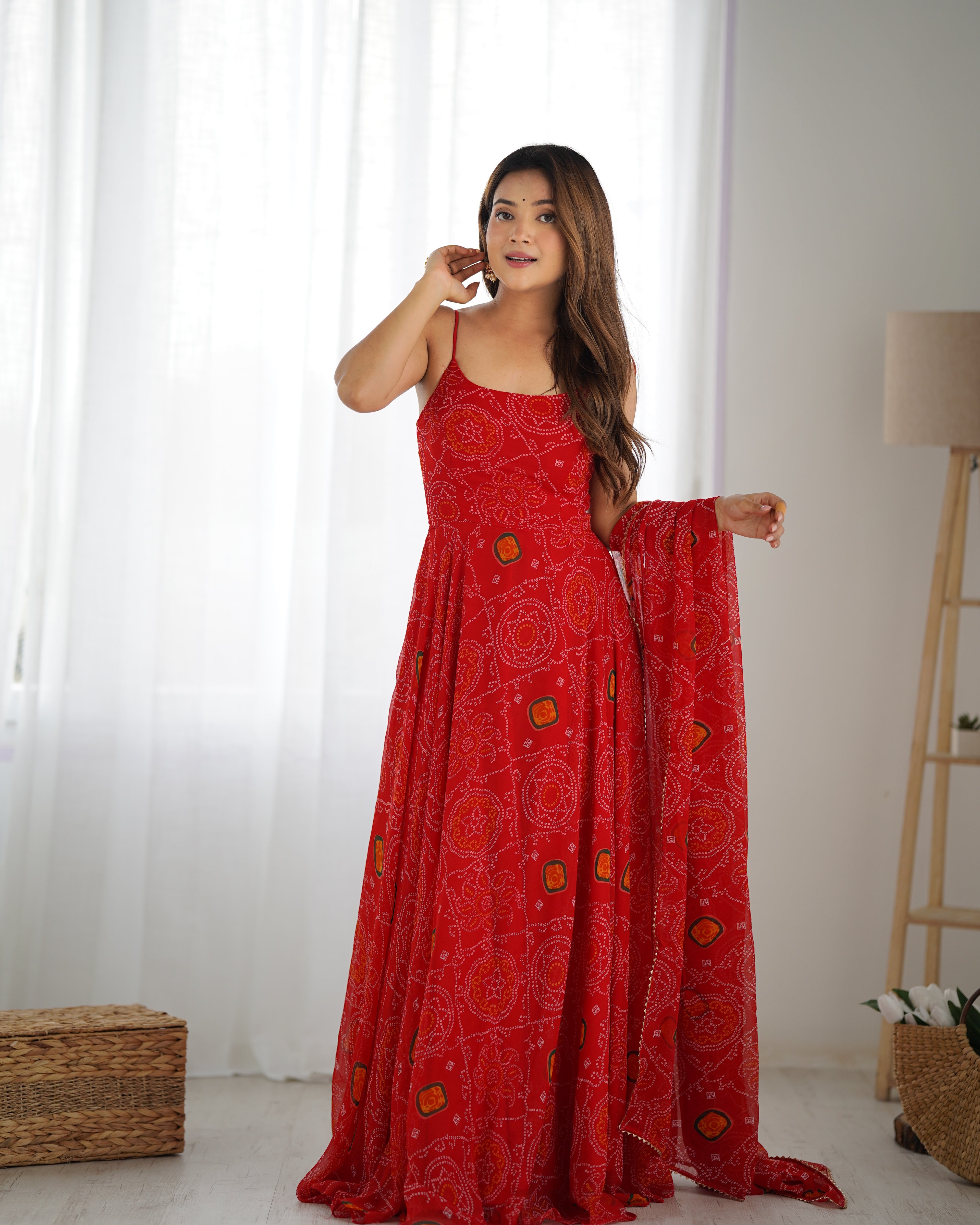 Designer Soft Chiffon Bandhej Fully Flared Gown Set