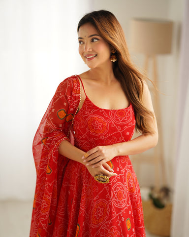 Designer Soft Chiffon Bandhej Fully Flared Gown Set