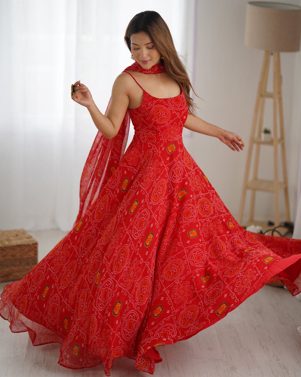 
Designer Soft Chiffon Bandhej Fully Flared Gown Set