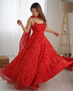 
Designer Soft Chiffon Bandhej Fully Flared Gown Set