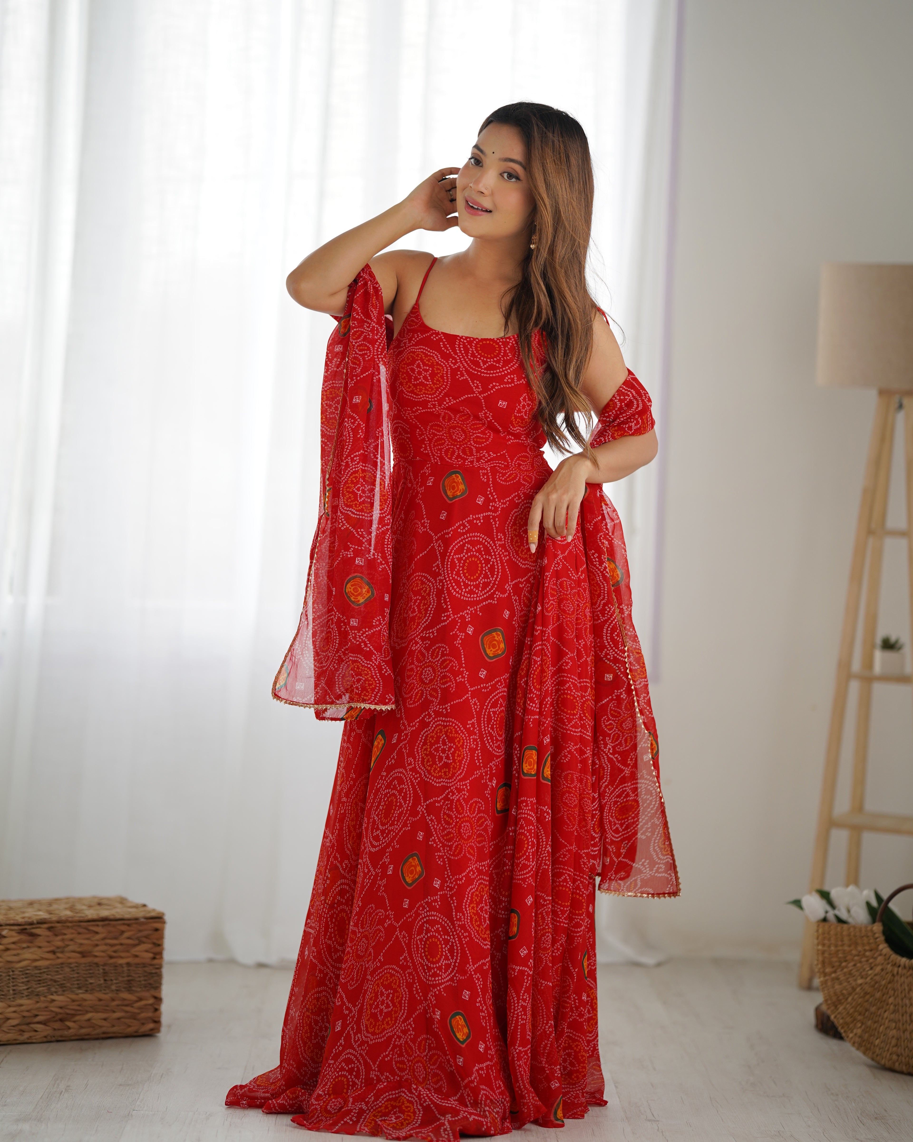 Designer Soft Chiffon Bandhej Fully Flared Gown Set