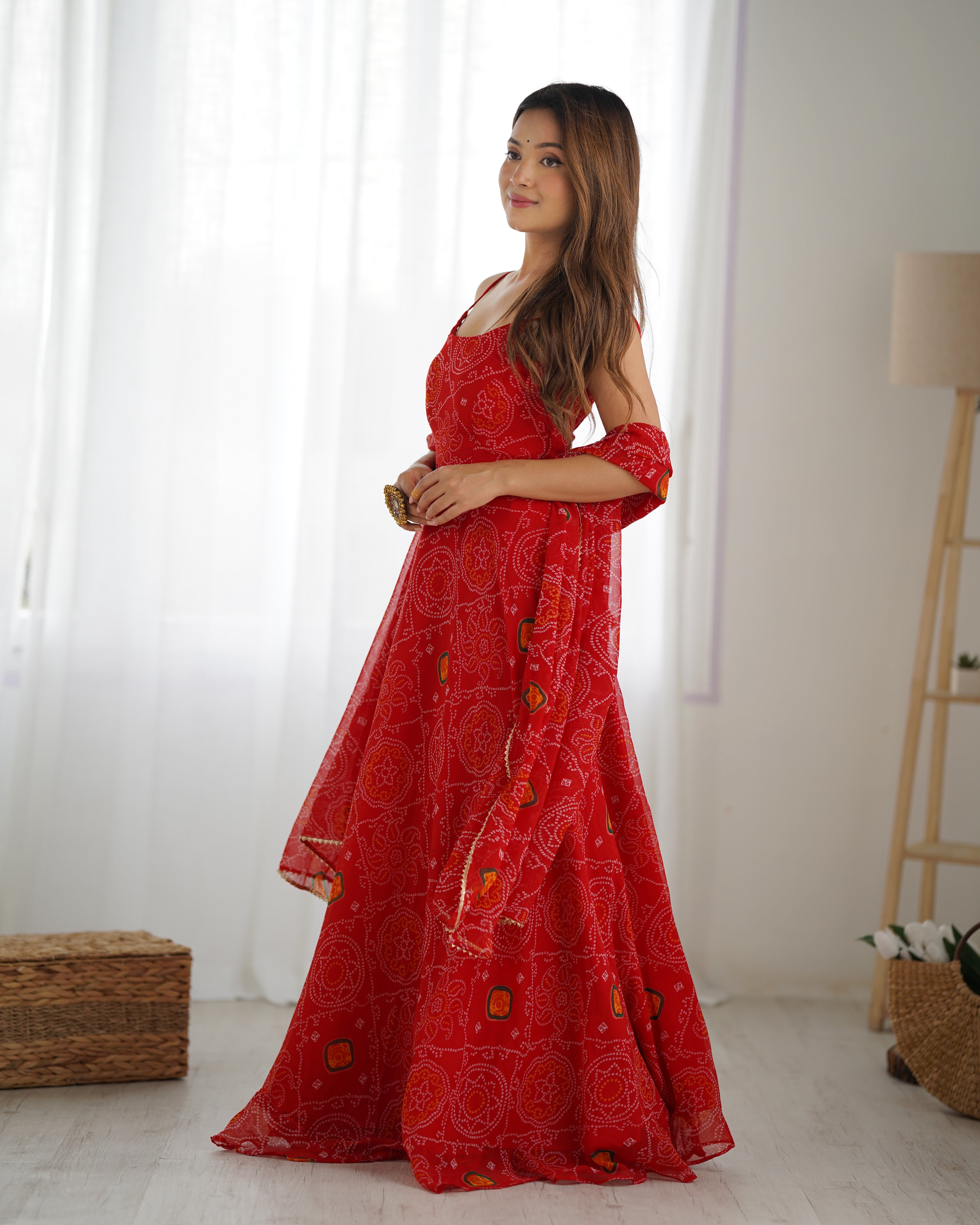 Designer Soft Chiffon Bandhej Fully Flared Gown Set