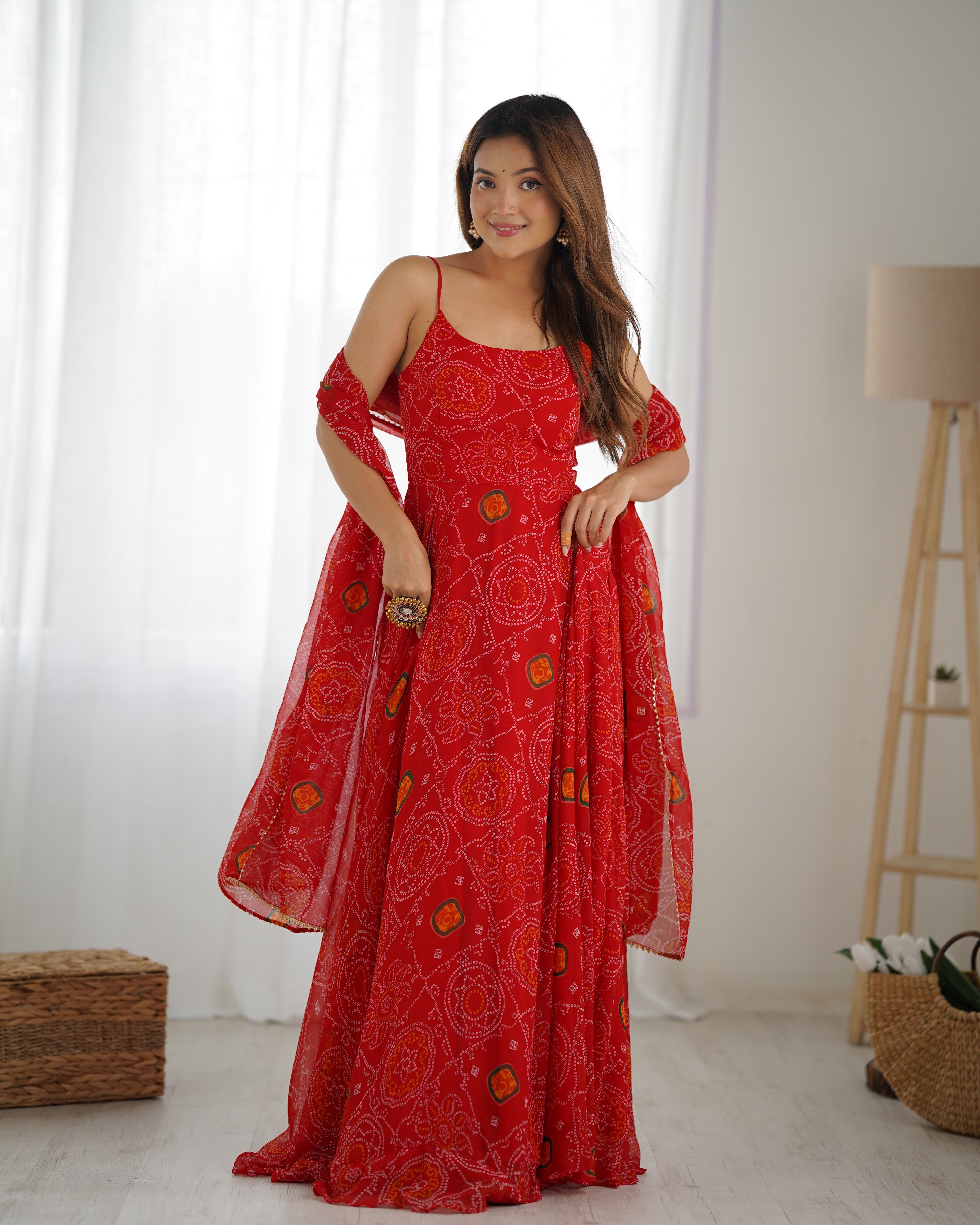 Designer Soft Chiffon Bandhej Fully Flared Gown Set